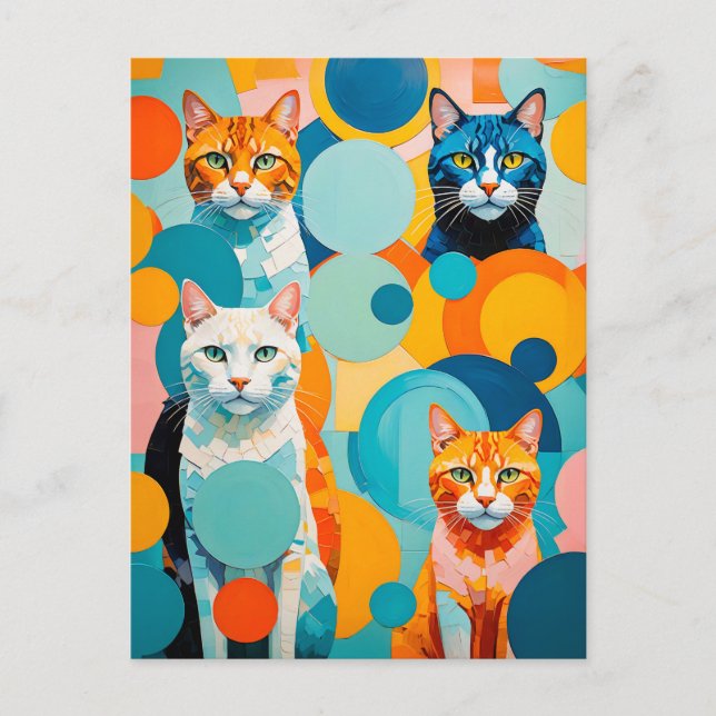 Vivid Cubist Cats Painting Postcard (Front)