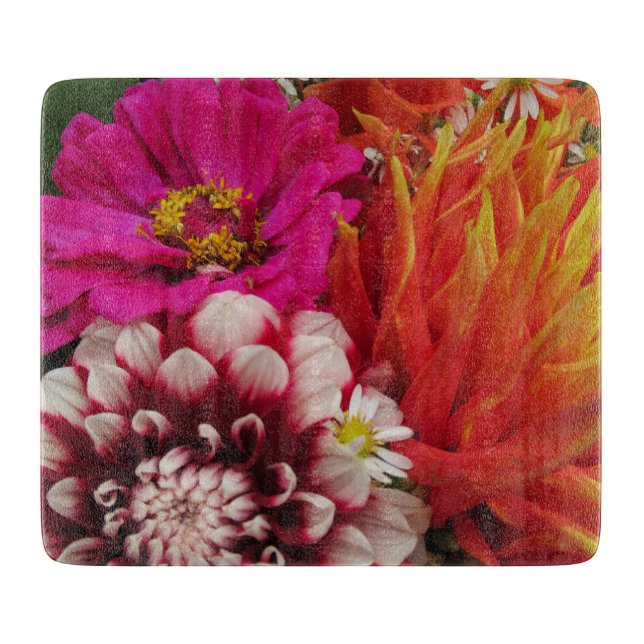 Vivid Dahlias and Zinnia Cutting Board (Front)