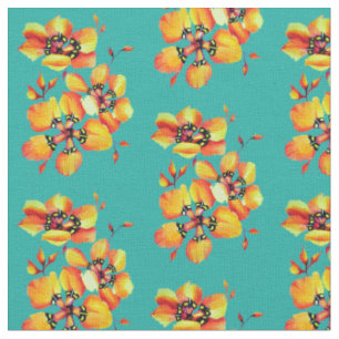 Vivid Exquisite Flowers Aqua Fabric