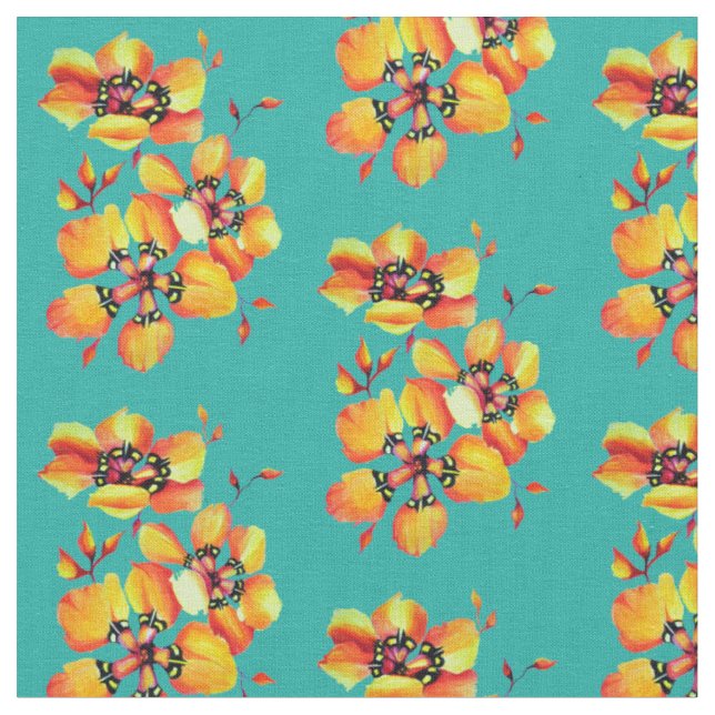 Vivid Exquisite Flowers  Aqua Fabric (Close Up)