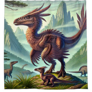 Vivid Feathered Dinosaur Scene Shower Curtain