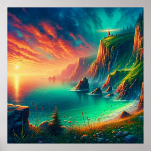 Vivid Fiery Digital Coastal Sunset Lighthouse Poster