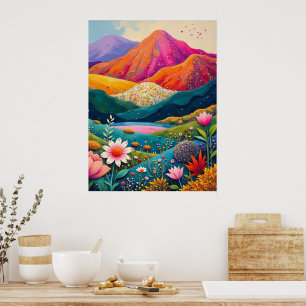 Vivid Floral Mountain Landscape – Vibrant Nature Poster