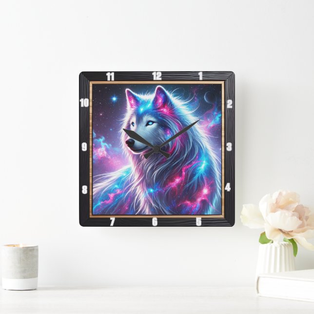 Vivid Galaxy Wolf Vibrant Celestial and Ethereal Square Wall Clock (Home)