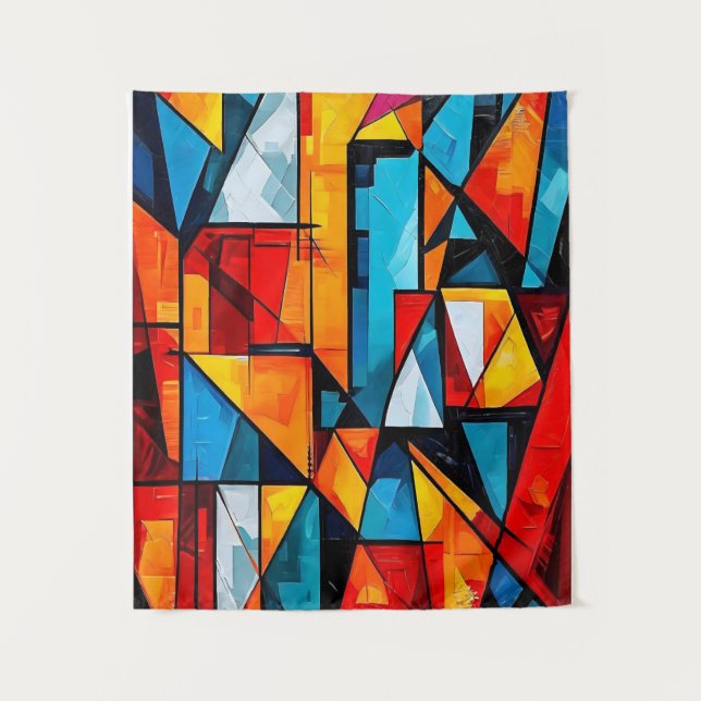 Vivid Geometric Abstract - Dynamic Cubist Wall Art Tapestry (Front)