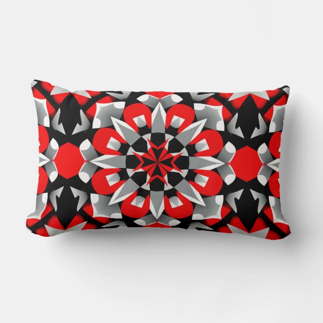 Vivid Geometric Mandala Design with Red, Black Lumbar Cushion (Front)