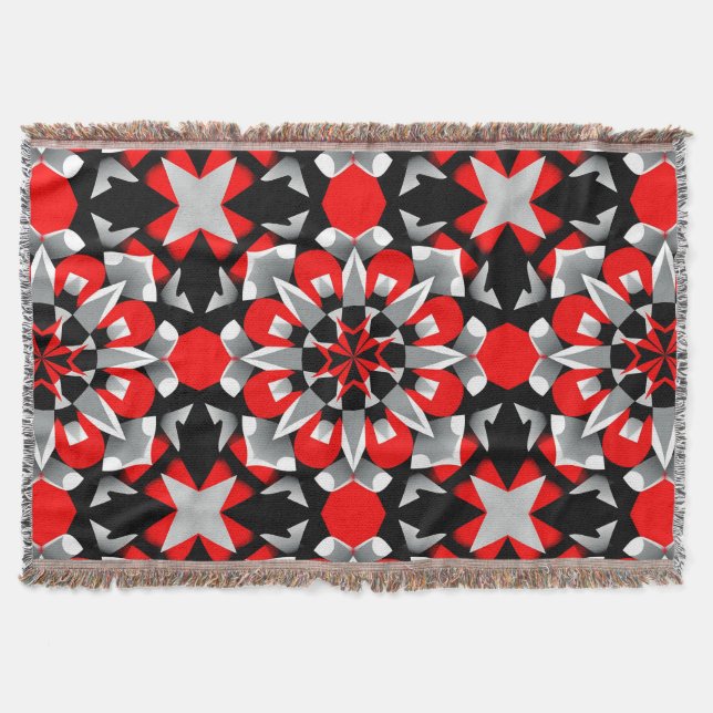 Vivid Geometric Mandala Design with Red, Black Throw Blanket (Front)