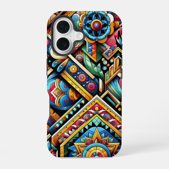 Vivid Geometric Patterns iPhone 16 Case (Back)