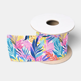 Vivid Hand-Drawn Ink Style Botanical Foliage Satin Ribbon