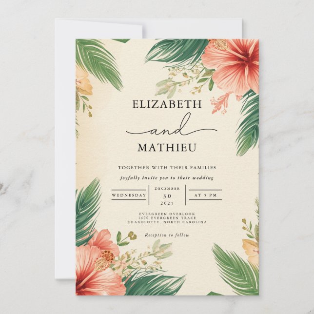Vivid Hibiscus Palm Arch Wedding Invitation (Front)