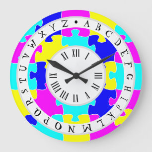 Vivid Hot Pink, Blue and Yellow Jigsaw. Alphabet Large Clock