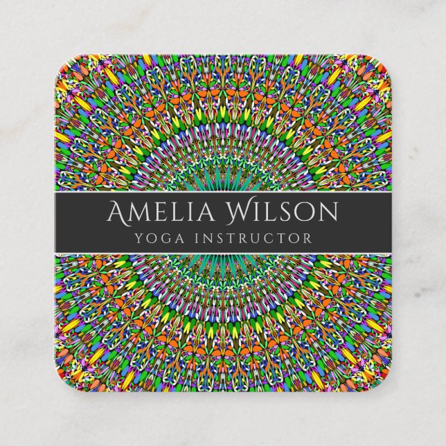 Vivid Jungle Garden Mandala Square Business Card (Front)