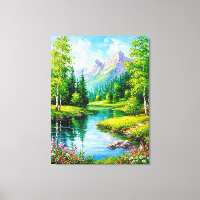 Vivid Landscape With Mountains, River Scenery Canvas Print (Front)