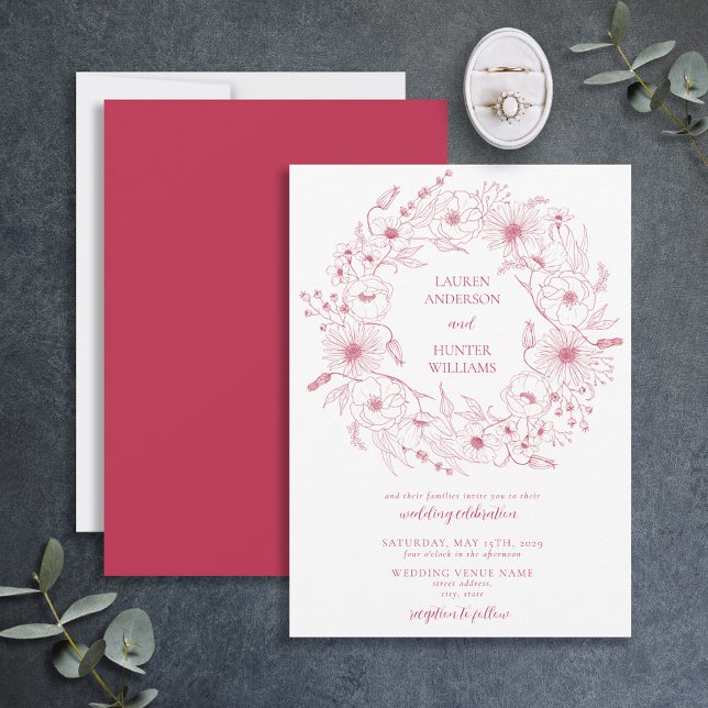 Vivid Magenta Line Art Floral Wreath Wedding Invit Invitation (Creator Uploaded)