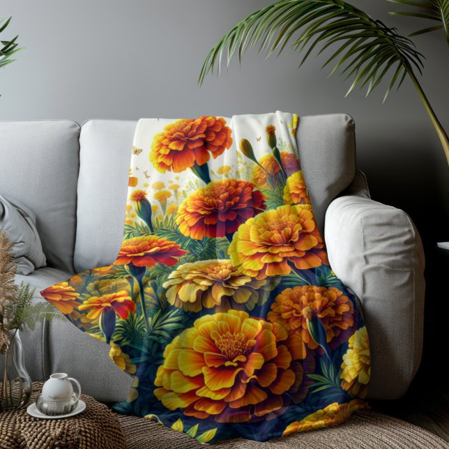 Vivid Marigolds Floral Sherpa Blanket (Marigold Flowered Sherpa Fleece Blanket Medium Size)