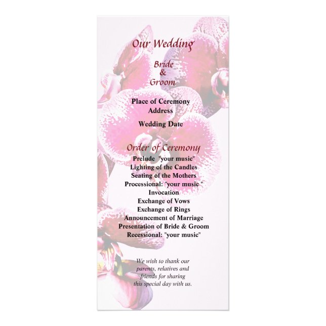 Vivid Maroon Phalaenopsis Orchids Wedding Program Rack Card (Front)