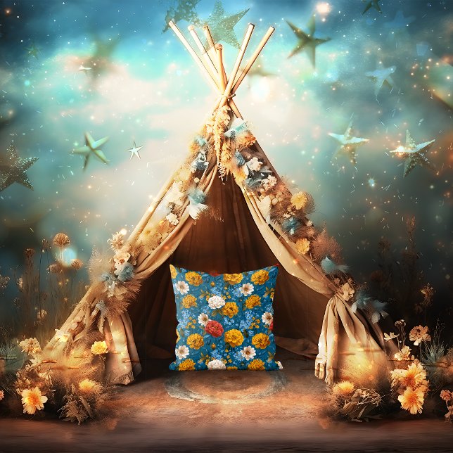 Vivid Maximalist Yellow and Cream on Blue Floral  Cushion (Creator Uploaded)