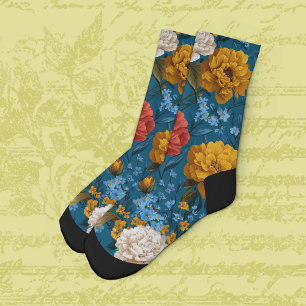 Vivid Maximalist Yellow and Cream on Blue Floral  Socks
