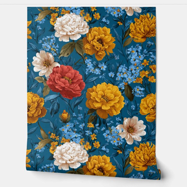 Vivid Maximalist Yellow and Cream on Blue Floral  Wallpaper (Unrolling)