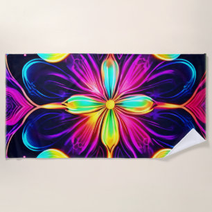 Vivid Neon Floral Mandala Art Beach Towel