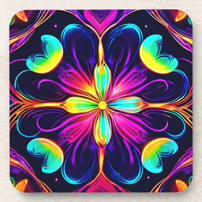 Vivid Neon Floral Mandala Art Coaster (Front)