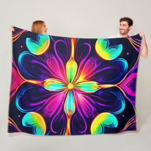 Vivid Neon Floral Mandala Art Fleece Blanket