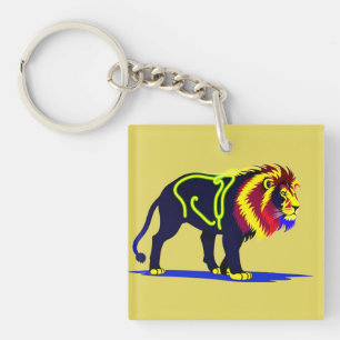 Vivid Neon Lion Illustration with Vibrant Magenta Key Ring