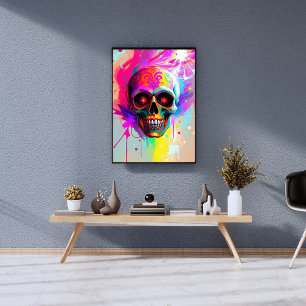 Vivid Neon Sugar Skull with Abstract Paint Splashe Photo Print