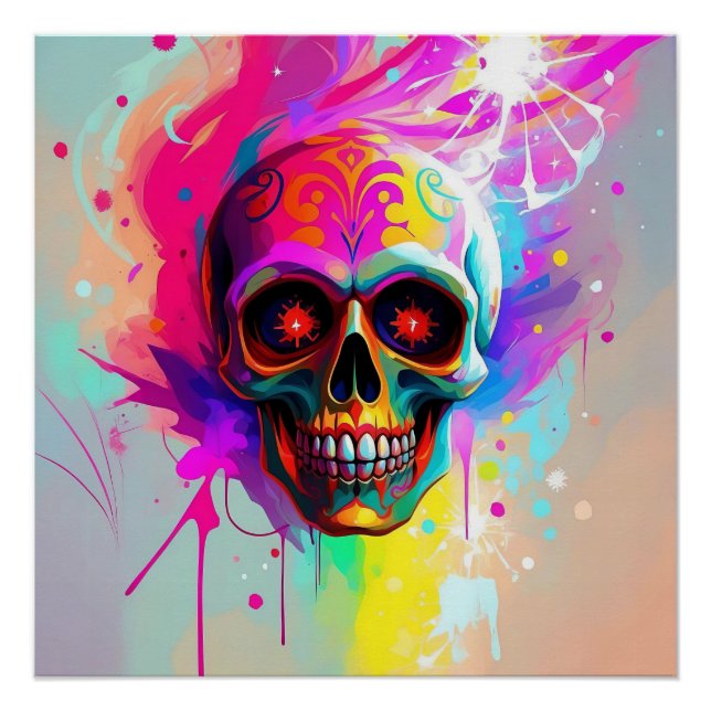 Vivid Neon Sugar Skull with Abstract Paint Splashe Poster (Front)
