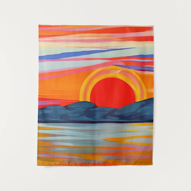 Vivid Ocean Sunset Over Mountains Tapestry (Front)