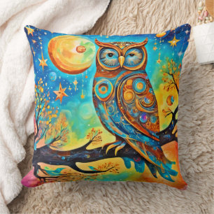 Vivid Owl Celestials: Wonder and Magic Cushion
