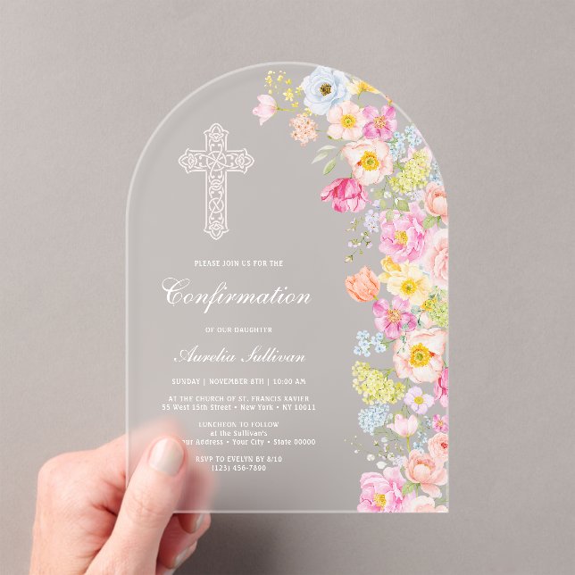 Vivid Pastel Flowers Arch Confirmation Acrylic Invitations (Insitu (Handheld))