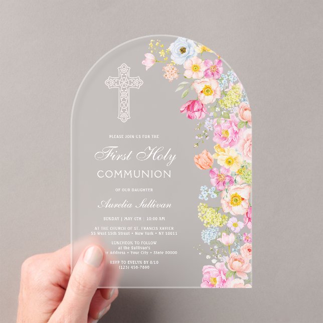 Vivid Pastel Flowers Arch First Communion Acrylic Invitations (Insitu (Handheld))