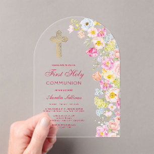 Vivid Pastel Flowers Arch First Communion Acrylic Invitations