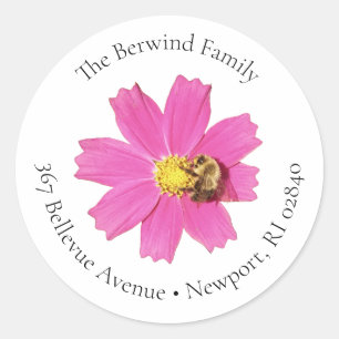 Vivid Pink Cosmos Flower Round Address Label