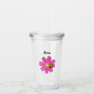 Vivid Pink Cosmos Flower with a Bee Personalised Acrylic Tumbler