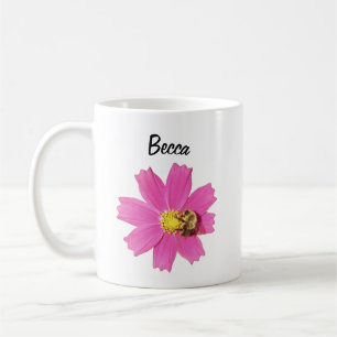 Vivid Pink Cosmos Flower with a Bee Personalised Coffee Mug