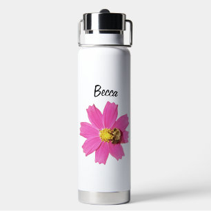 Vivid Pink Cosmos Flower with a Bee Personalised Water Bottle