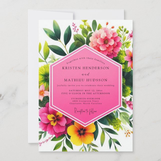 Vivid Pink Floral Romantic Wedding Invitation (Front)