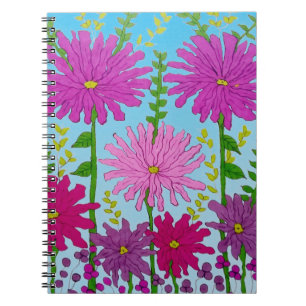 Vivid Pink Flower Drawing on Blue Notebook