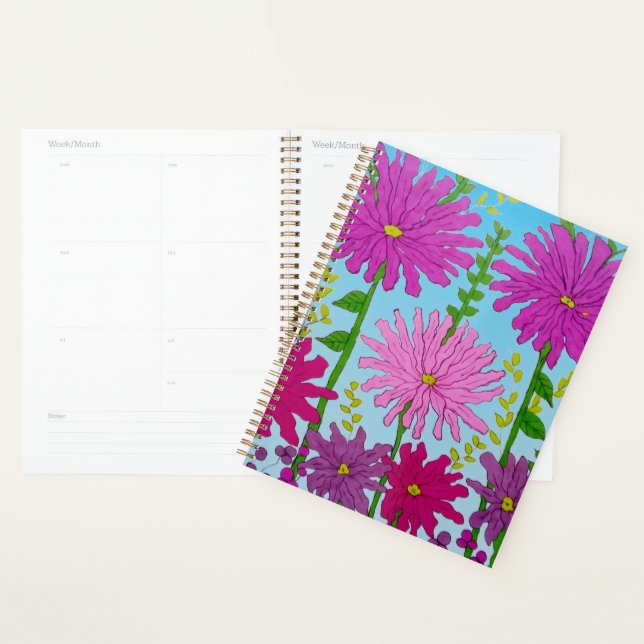 Vivid Pink Flower Drawing on Blue Planner (Display)