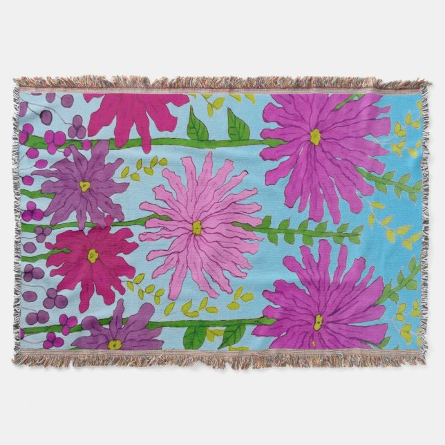 Vivid Pink Flower Drawing on Blue Throw Blanket (Front)