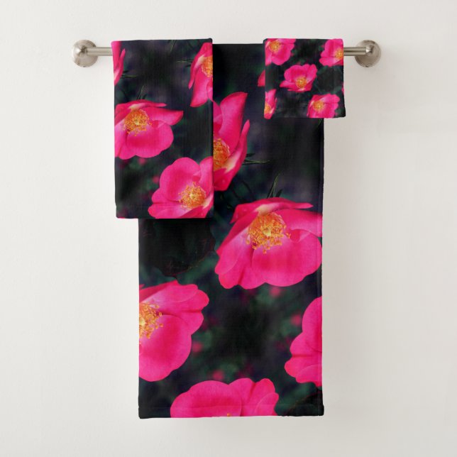 Vivid Pink Rose Petals Abstract Floral Pattern   Bath Towel Set (Insitu)