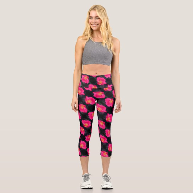 Vivid Pink Rose Petals Abstract Floral Pattern     Capri Leggings (Front)