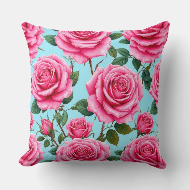 Vivid Pink Roses Patterned Against Cushion (Front)