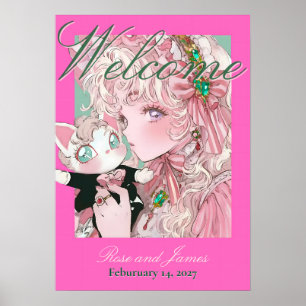 Vivid Pink Y2K Anime Gothic Cat Wedding Poster