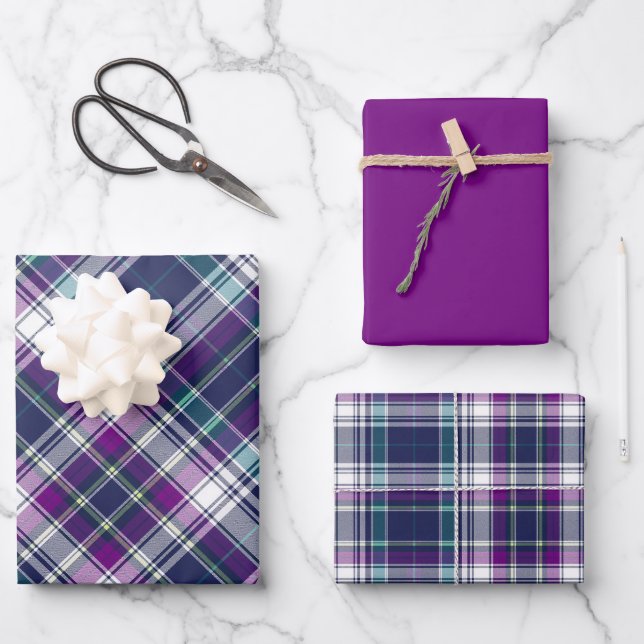 Vivid Purple, Blue & Green Plaid Wrapping Paper Sheet (Front)