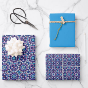Vivid Purple, Green, Blue & Cream Tile Pattern Wrapping Paper Sheet