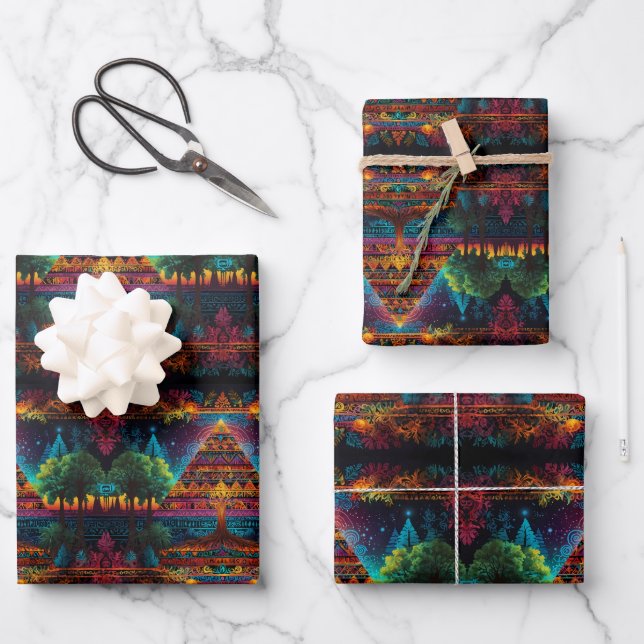 Vivid Pyramid & Tree of Life – Mystical Fusion Wra Wrapping Paper Sheet (Front)