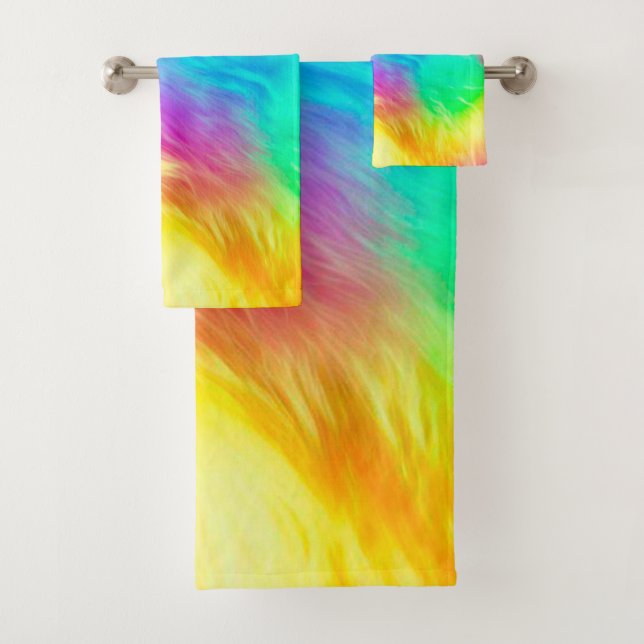 Vivid Rainbow Fluffy Fur Texture Background Design Bath Towel Set (Insitu)